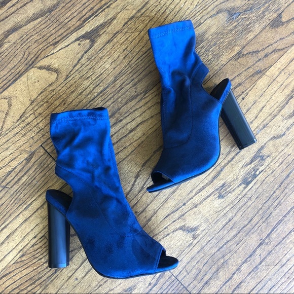 Peep Toe Block Heel Boots Navy Open Back Backless - Picture 2 of 5